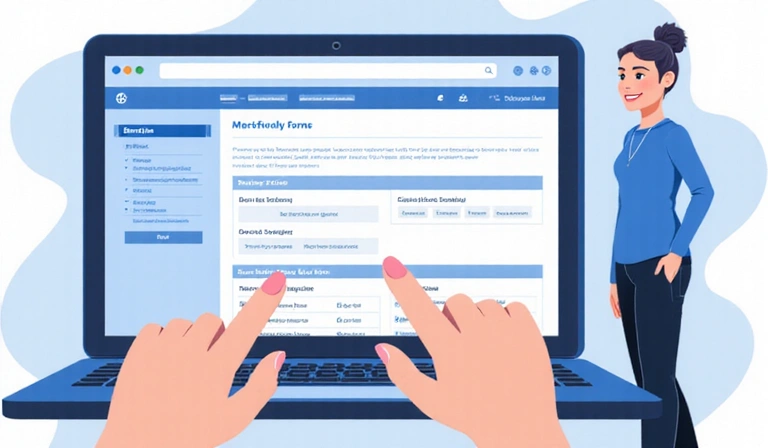 Digital illustration of a person navigating complex benefit forms with a simplified, helpful interface.