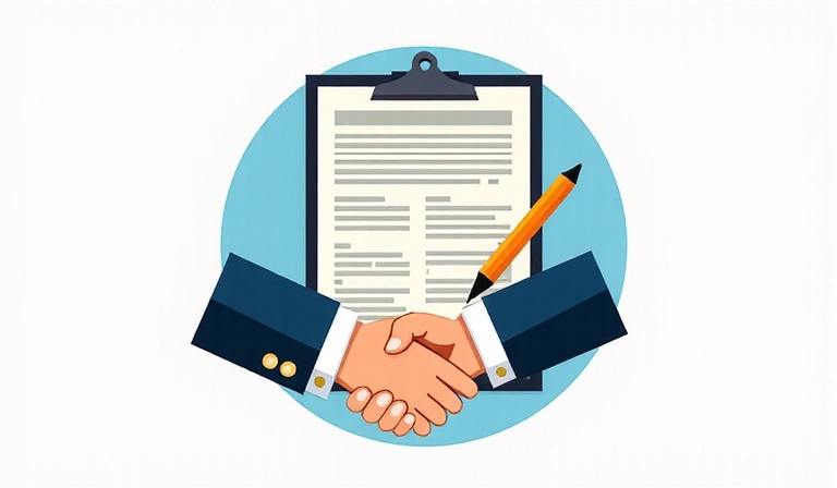 Illustration of legal documents and a handshake, symbolizing agreement and terms of service.
