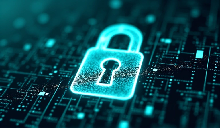 Stylized image of a padlock over digital data, representing intellectual property protection.